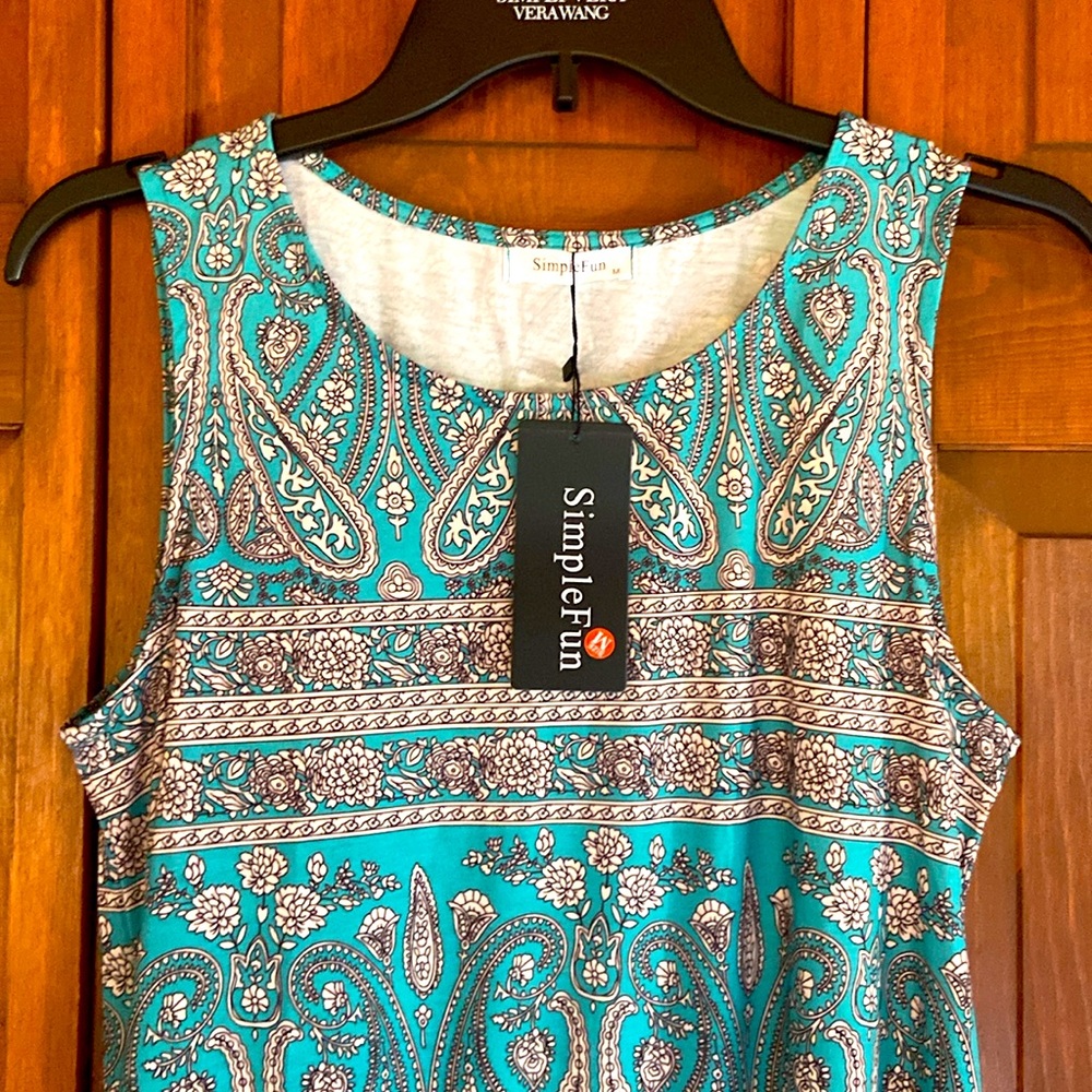 🏷️ 5/$40 BNWT~TURQUOISE PAISLEY PRINT SLEEVELESS DRESS~MD~LOOSE & FLOWY